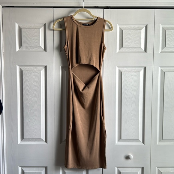 PRETTYGARDEN Women Summer Midi Bodycon Dresses Casual Crew Neck Side Slit Camel - Picture 5 of 10